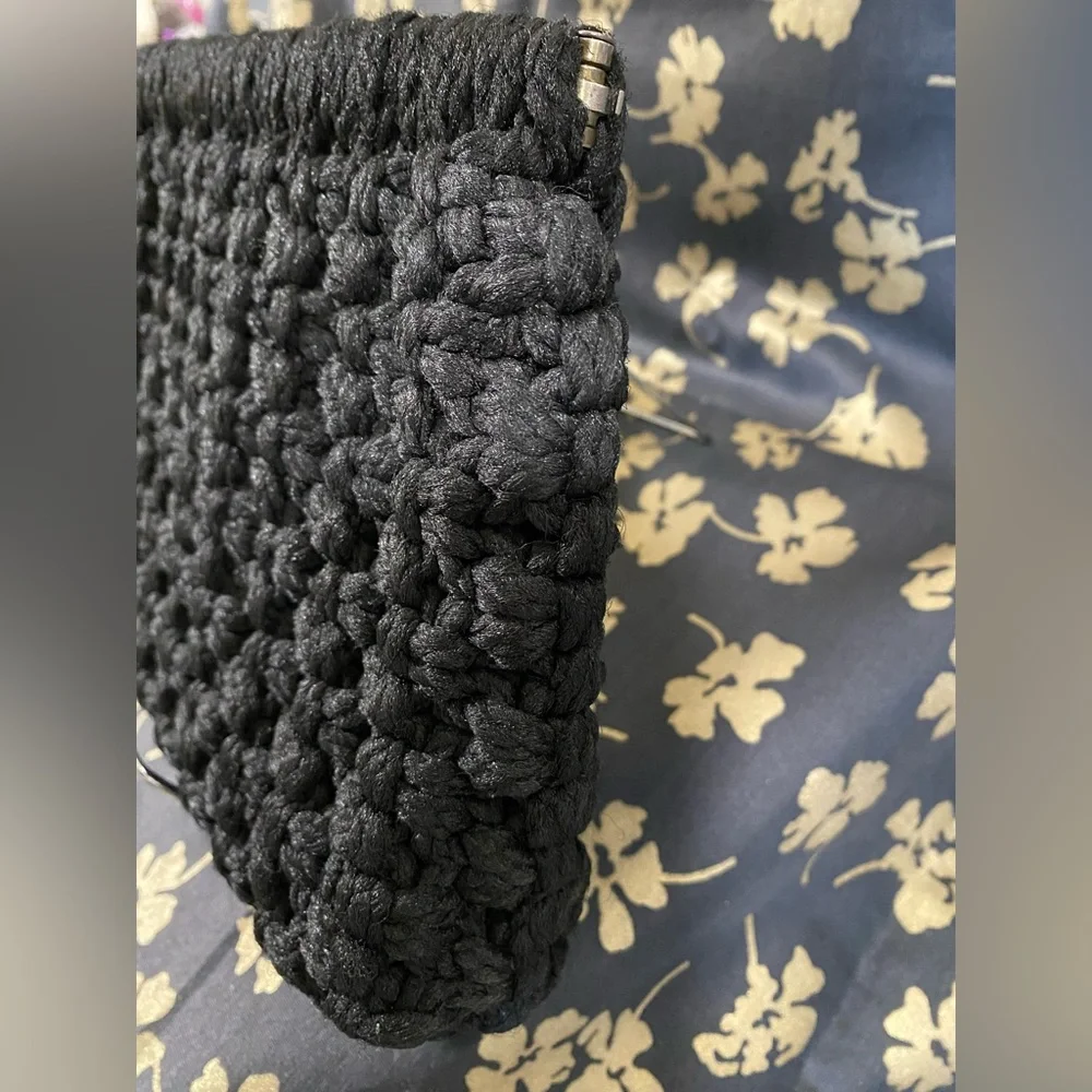 Vintage Black Crochet Clutch Purse Handbag Bobble Popcorn Stitch